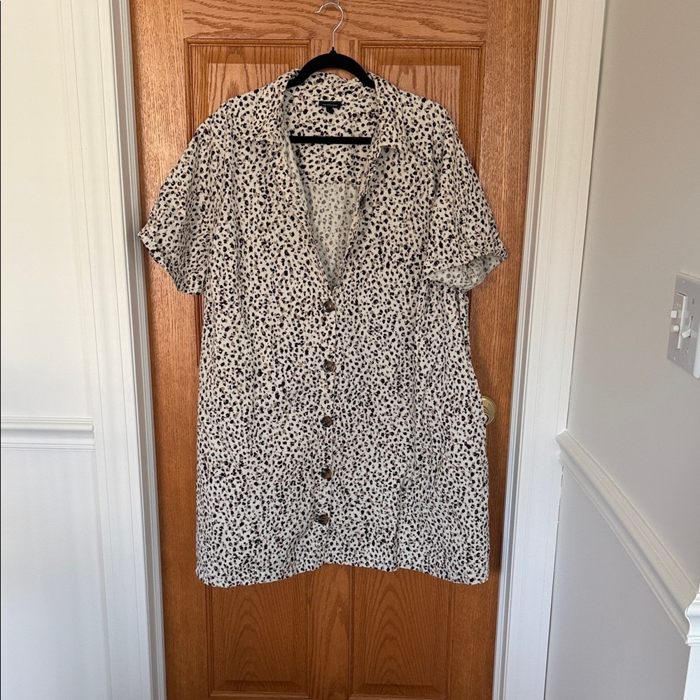 Cotton Button Down Leopard Print Trapeze Shirt Dress